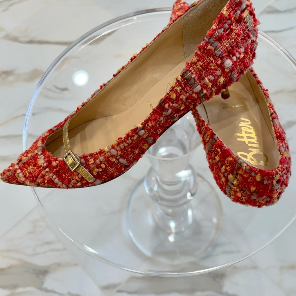 Butter Red Tweed Loafers with Gold Accent